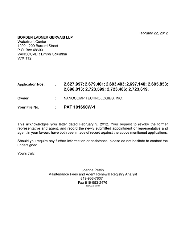 Document de brevet canadien 2723619. Correspondance 20120222. Image 1 de 1