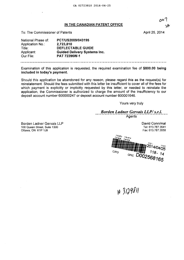 Canadian Patent Document 2723810. Prosecution-Amendment 20140425. Image 1 of 1
