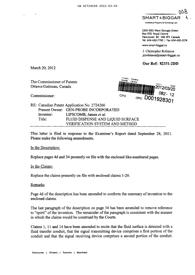 Document de brevet canadien 2724266. Poursuite-Amendment 20120320. Image 1 de 10