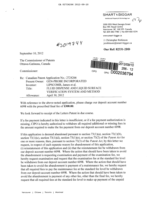 Document de brevet canadien 2724266. Correspondance 20120910. Image 1 de 2