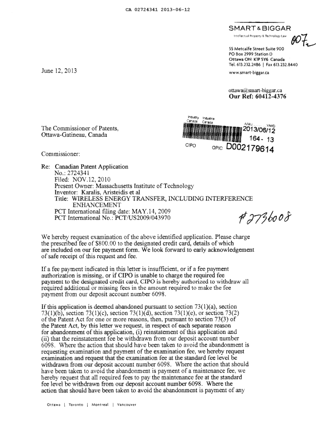 Canadian Patent Document 2724341. Prosecution-Amendment 20130612. Image 1 of 2