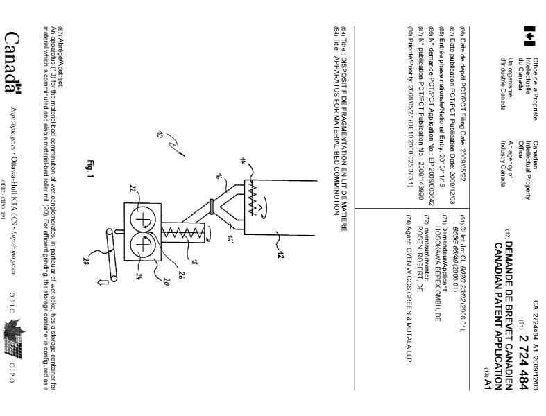 Canadian Patent Document 2724484. Cover Page 20110203. Image 1 of 2