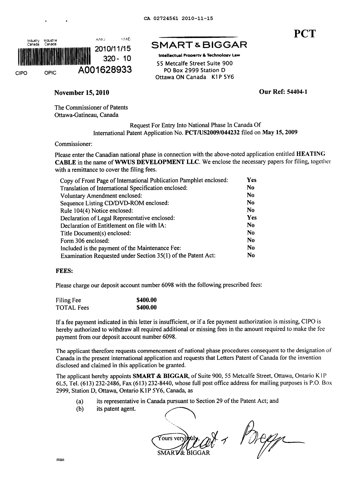 Document de brevet canadien 2724561. Cession 20091215. Image 1 de 2