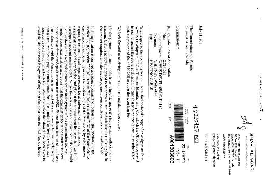 Document de brevet canadien 2724561. Cession 20101211. Image 1 de 7