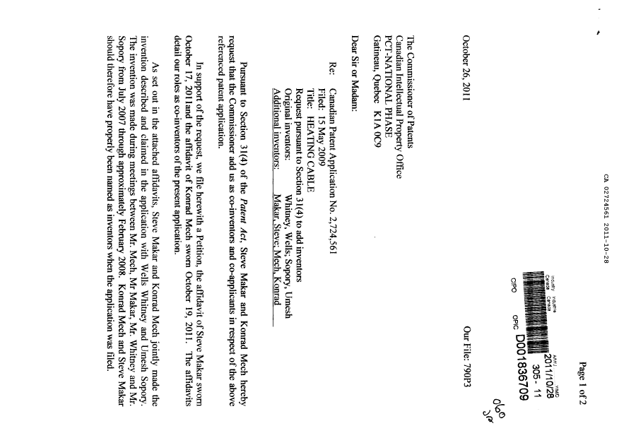Document de brevet canadien 2724561. Correspondance 20101228. Image 1 de 48
