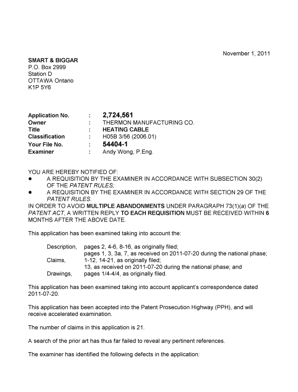 Document de brevet canadien 2724561. Poursuite-Amendment 20111101. Image 1 de 2