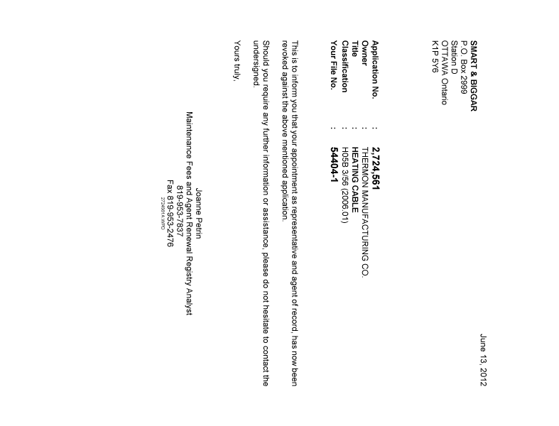 Document de brevet canadien 2724561. Correspondance 20111213. Image 1 de 1