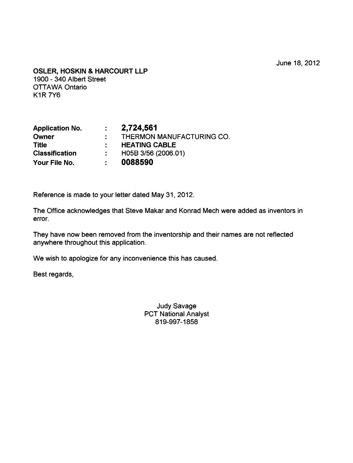 Document de brevet canadien 2724561. Correspondance 20111218. Image 1 de 1