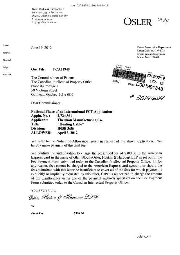 Document de brevet canadien 2724561. Correspondance 20111219. Image 1 de 1