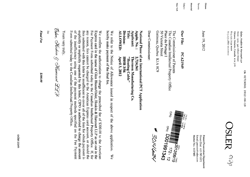 Canadian Patent Document 2724561. Correspondence 20111219. Image 1 of 1