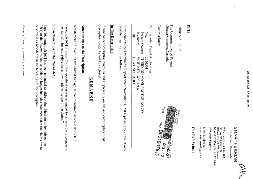 Document de brevet canadien 2724561. Poursuite-Amendment 20111221. Image 1 de 5