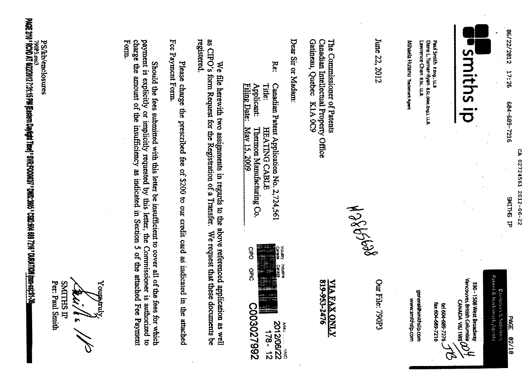 Document de brevet canadien 2724561. Cession 20111222. Image 1 de 9