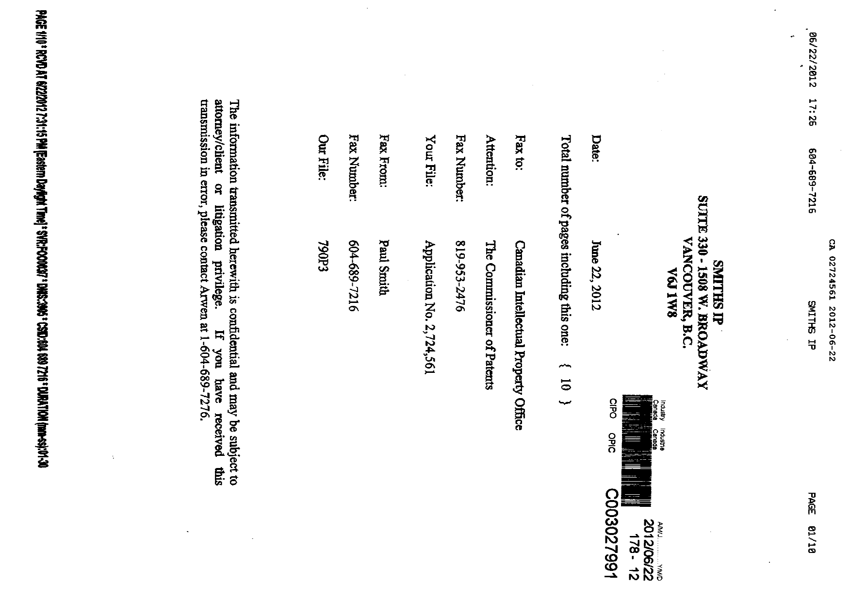 Document de brevet canadien 2724561. Cession 20111222. Image 9 de 9