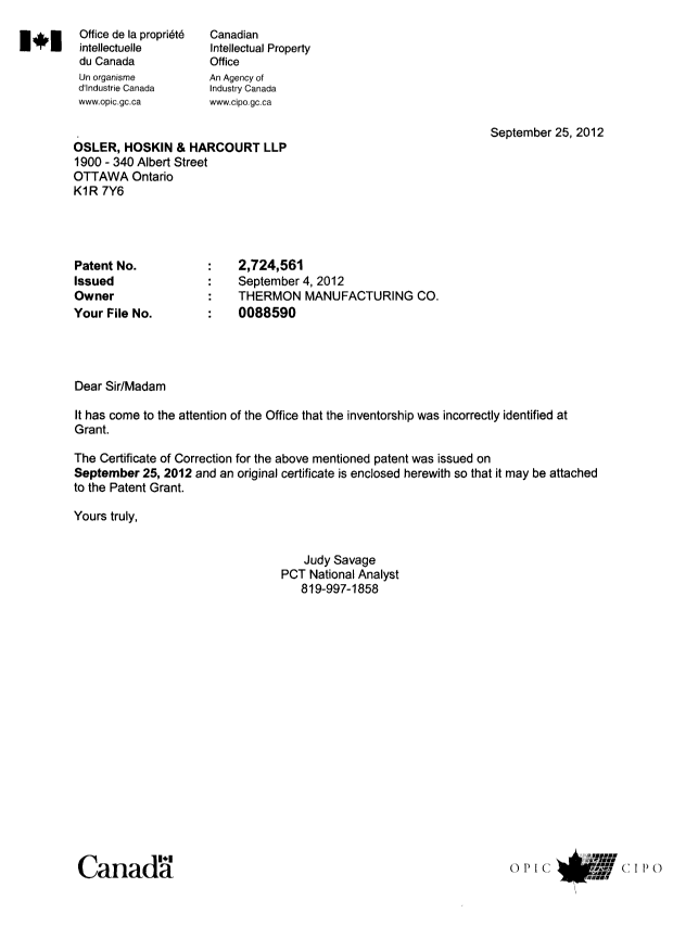 Document de brevet canadien 2724561. Poursuite-Amendment 20111225. Image 1 de 2