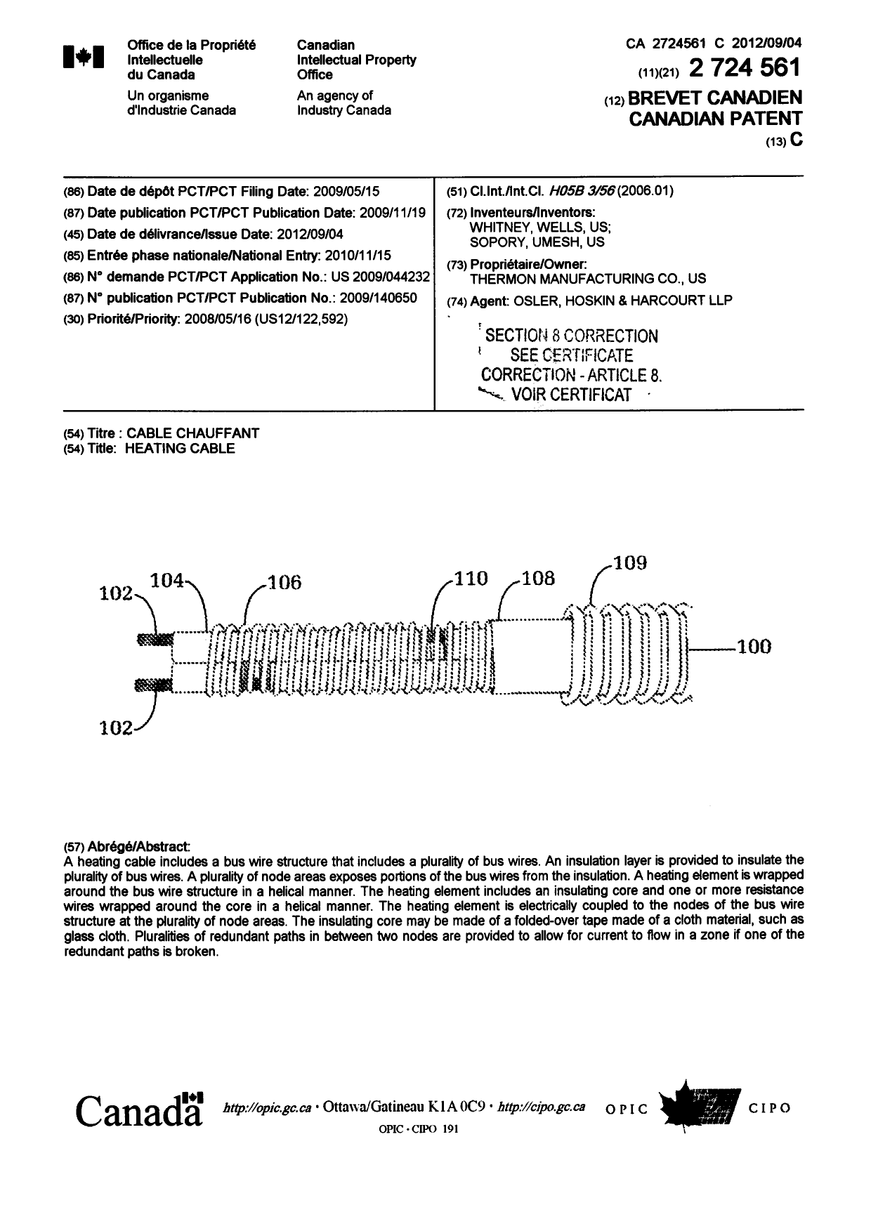 Document de brevet canadien 2724561. Page couverture 20111225. Image 1 de 2