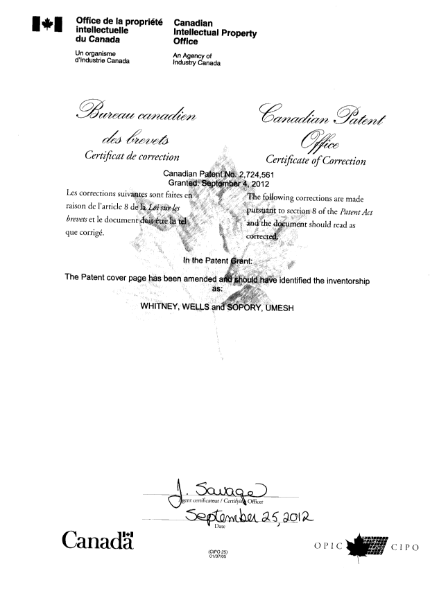 Document de brevet canadien 2724561. Poursuite-Amendment 20111225. Image 2 de 2