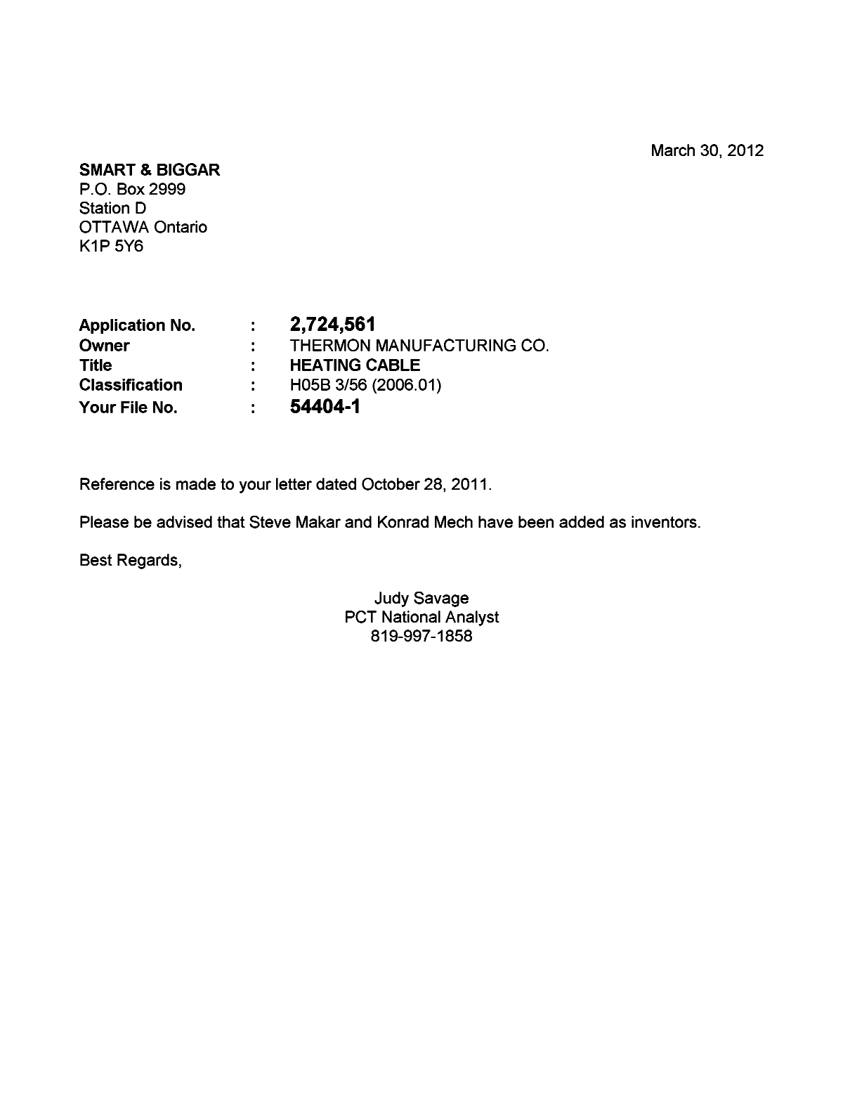 Document de brevet canadien 2724561. Correspondance 20111230. Image 1 de 1