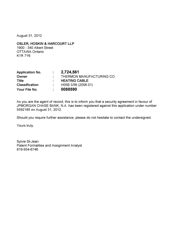 Document de brevet canadien 2724561. Correspondance 20111231. Image 1 de 1