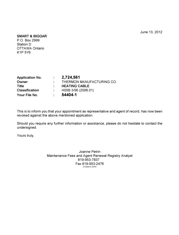 Document de brevet canadien 2724561. Correspondance 20120613. Image 1 de 1