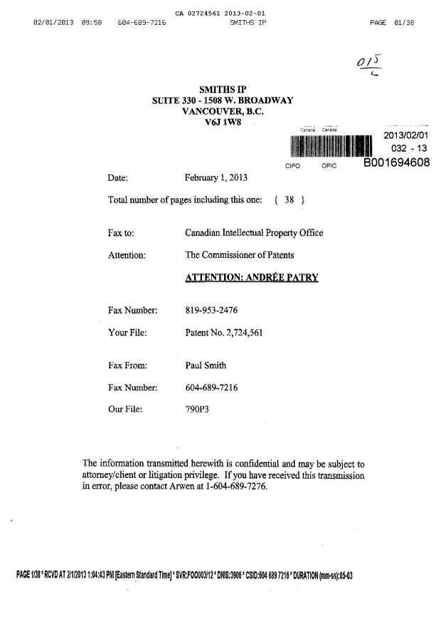 Document de brevet canadien 2724561. Poursuite-Amendment 20121201. Image 1 de 8