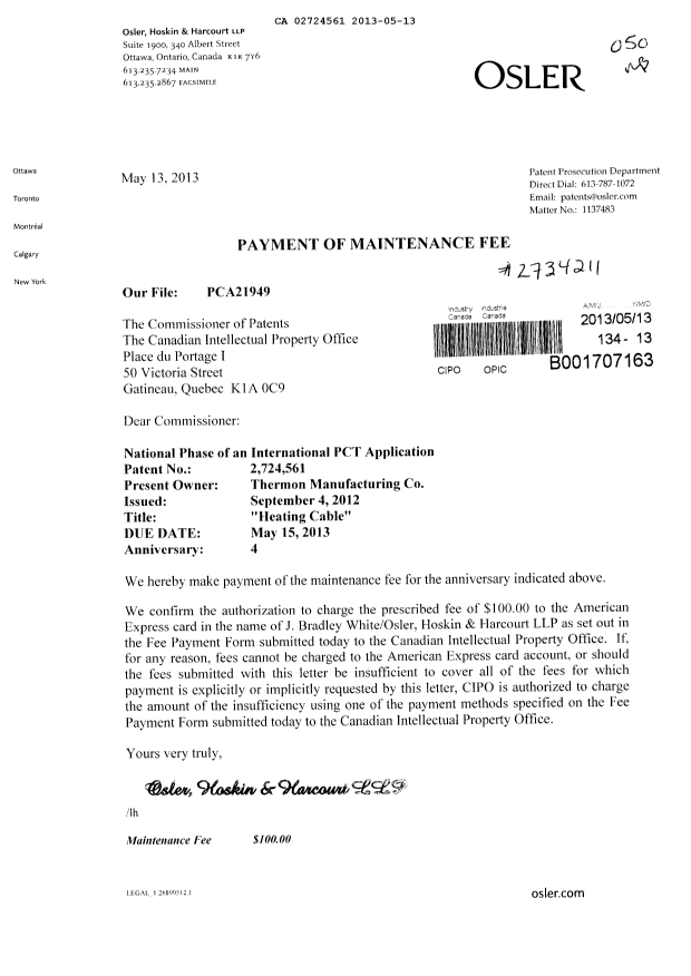 Document de brevet canadien 2724561. Taxes 20121213. Image 1 de 1