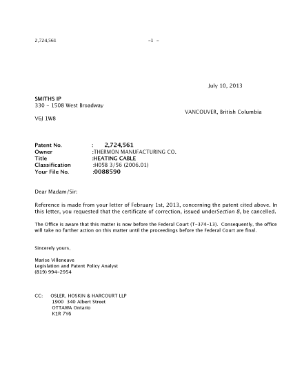 Document de brevet canadien 2724561. Correspondance 20130710. Image 1 de 1