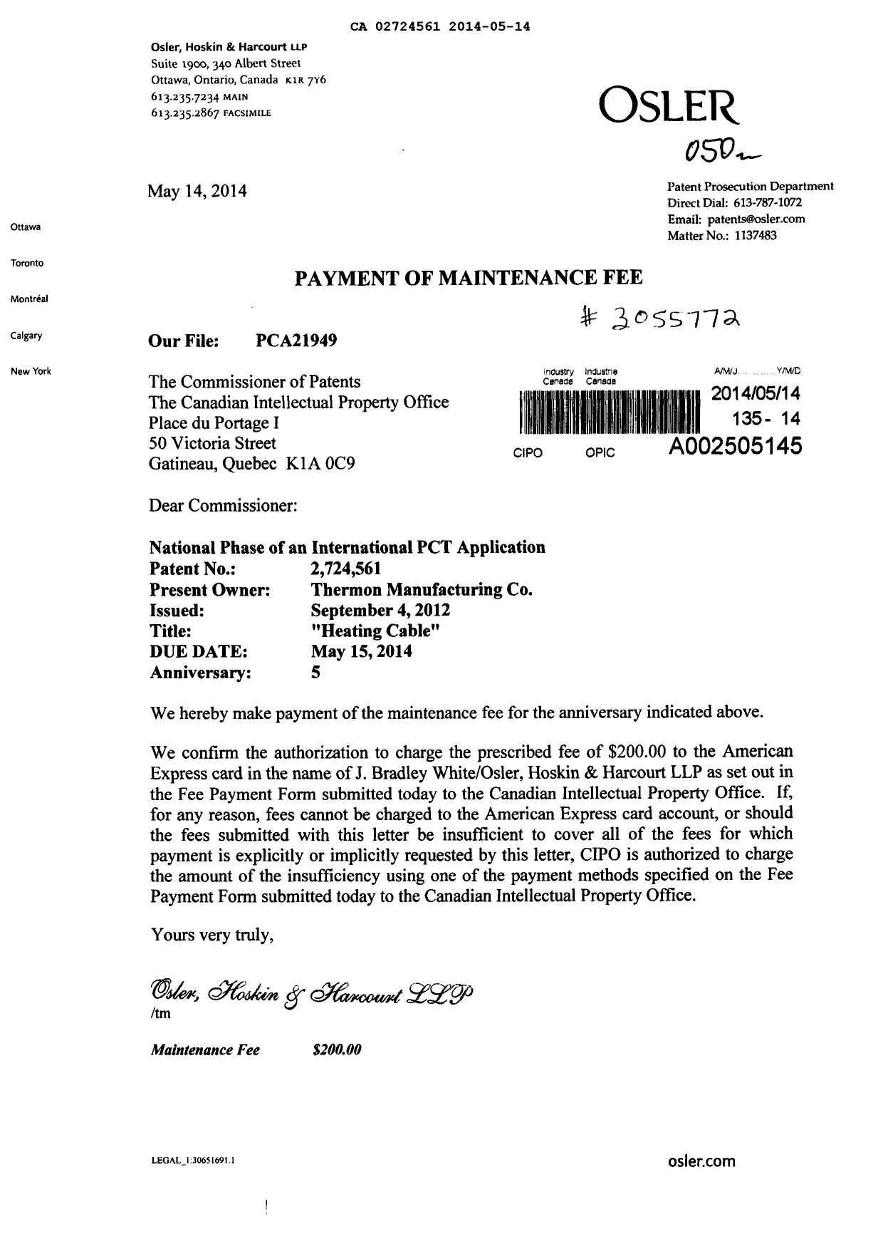 Document de brevet canadien 2724561. Taxes 20131214. Image 1 de 1