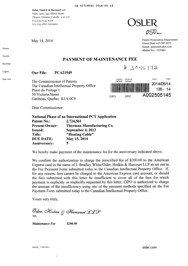 Document de brevet canadien 2724561. Taxes 20140514. Image 1 de 1