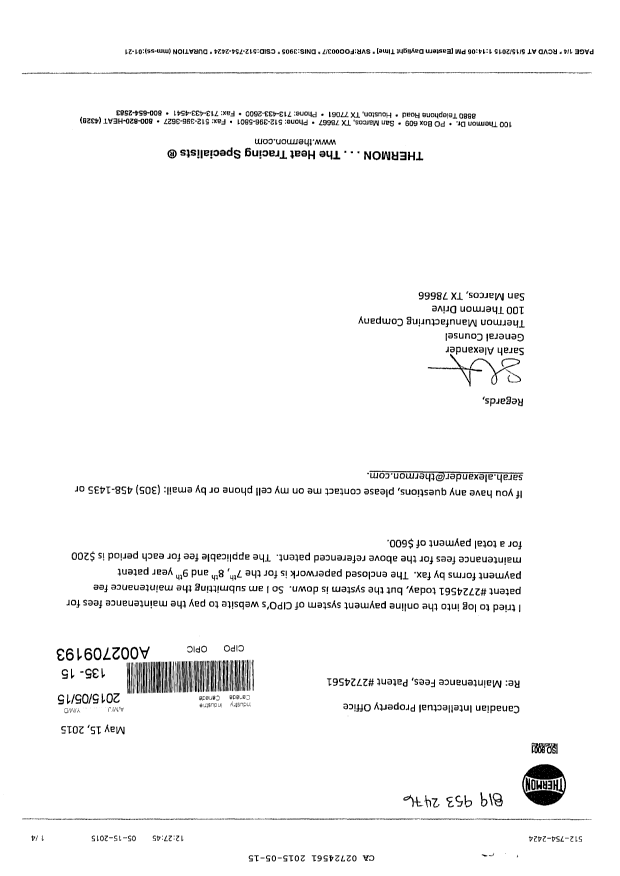 Canadian Patent Document 2724561. Fees 20141215. Image 2 of 2