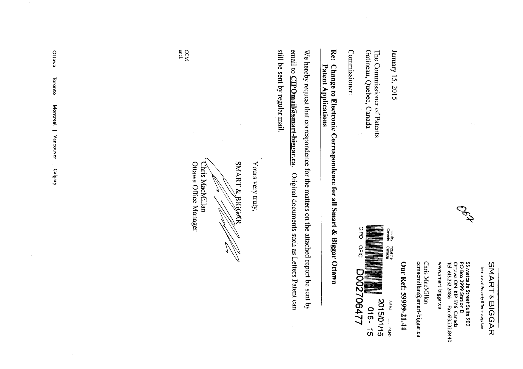 Document de brevet canadien 2724641. Correspondance 20141215. Image 1 de 2