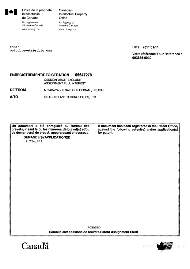 Document de brevet canadien 2724864. Correspondance 20101211. Image 1 de 1