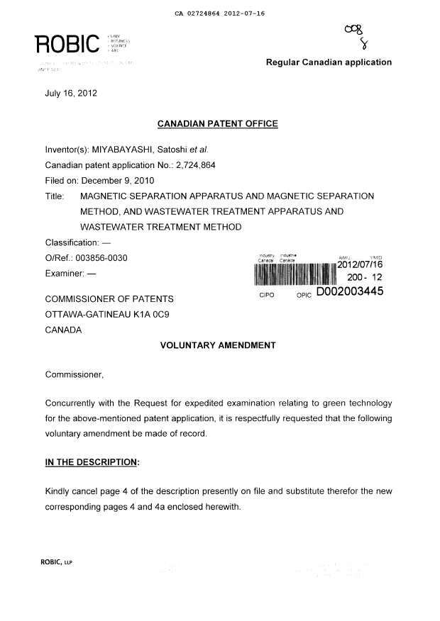 Canadian Patent Document 2724864. Prosecution-Amendment 20111216. Image 1 of 12