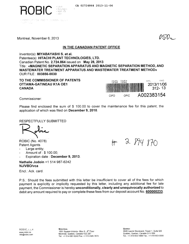 Document de brevet canadien 2724864. Taxes 20121206. Image 1 de 1