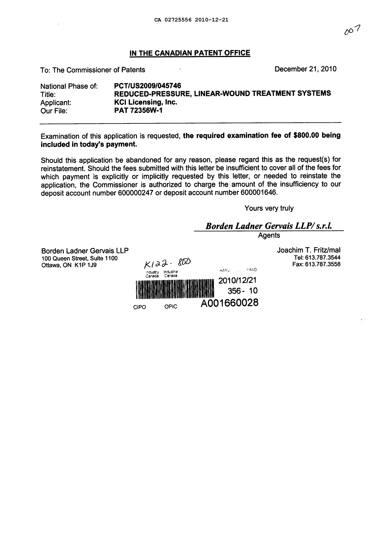 Document de brevet canadien 2725556. Poursuite-Amendment 20091221. Image 1 de 1