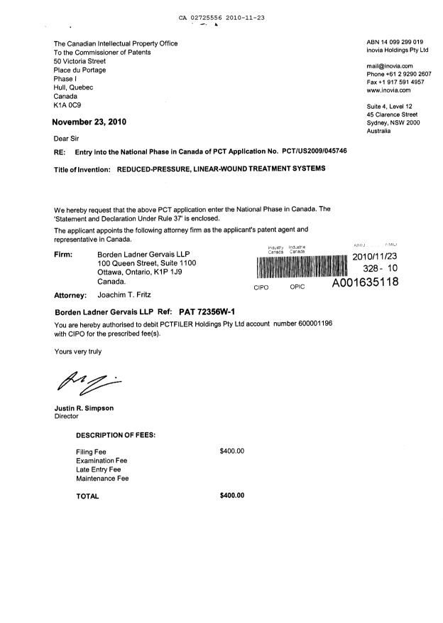 Document de brevet canadien 2725556. Cession 20101123. Image 1 de 4