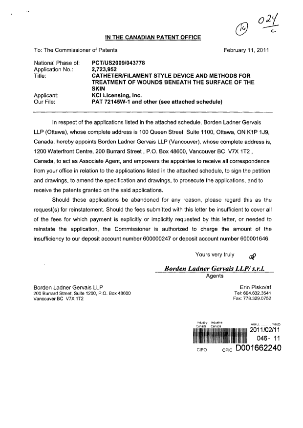 Document de brevet canadien 2725556. Correspondance 20101211. Image 1 de 2