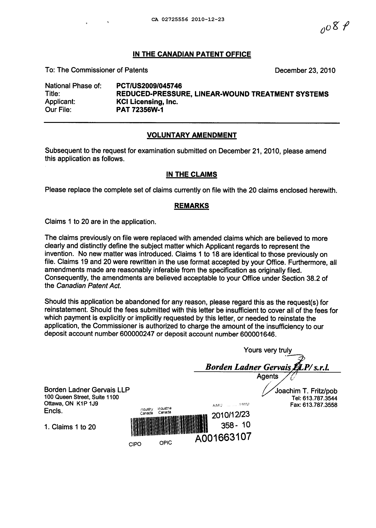 Document de brevet canadien 2725556. Poursuite-Amendment 20101223. Image 1 de 7