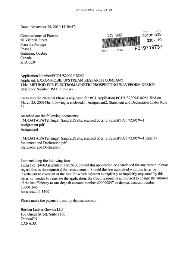Document de brevet canadien 2725922. Cession 20101125. Image 1 de 10