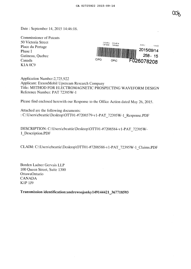Document de brevet canadien 2725922. Modification 20150914. Image 1 de 10