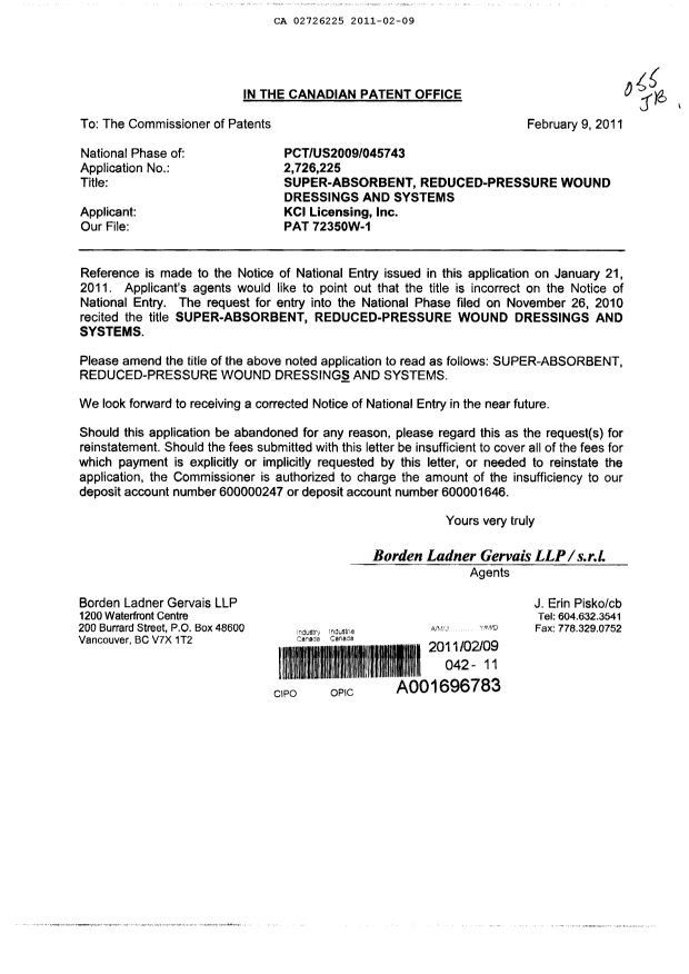 Canadian Patent Document 2726225. Correspondence 20101209. Image 1 of 1