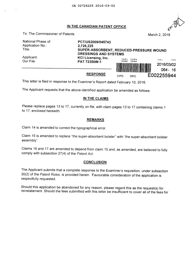Canadian Patent Document 2726225. Prosecution-Amendment 20151202. Image 1 of 7