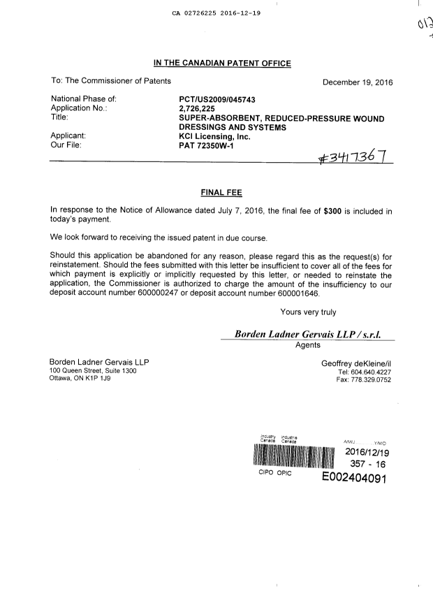 Canadian Patent Document 2726225. Correspondence 20151219. Image 1 of 1