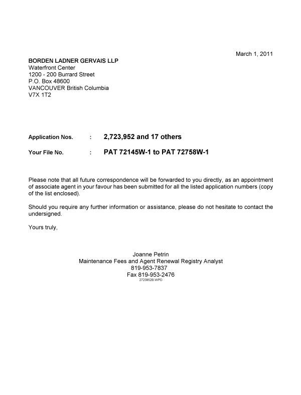 Canadian Patent Document 2726240. Correspondence 20101201. Image 1 of 1