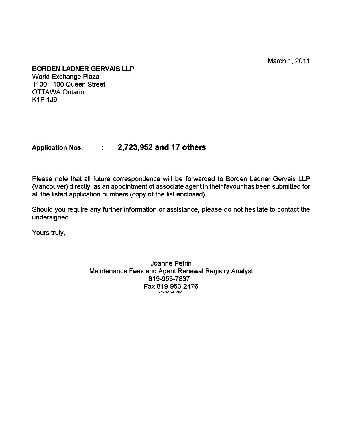 Document de brevet canadien 2726240. Correspondance 20101201. Image 1 de 1
