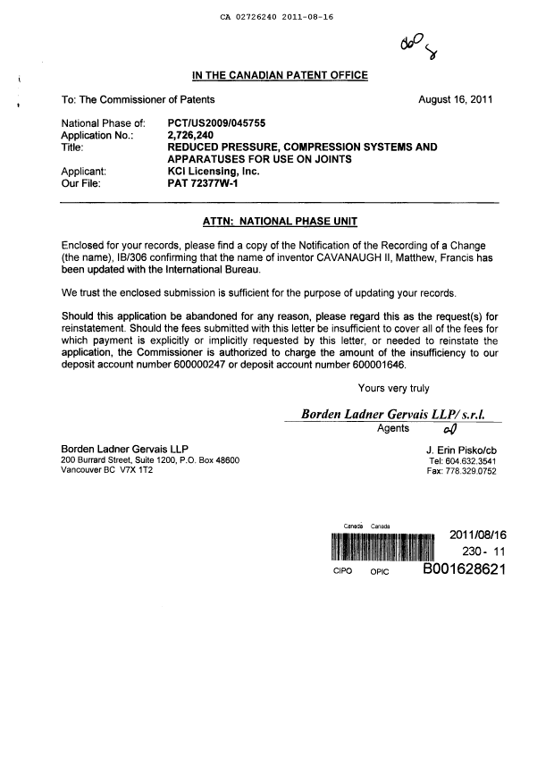 Canadian Patent Document 2726240. Correspondence 20101216. Image 1 of 2