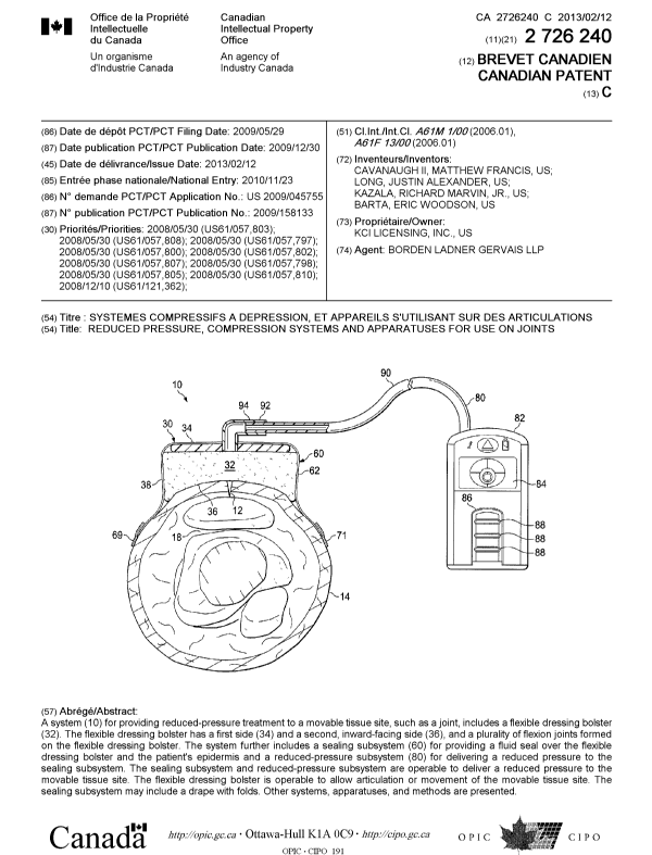 Canadian Patent Document 2726240. Cover Page 20121224. Image 1 of 2