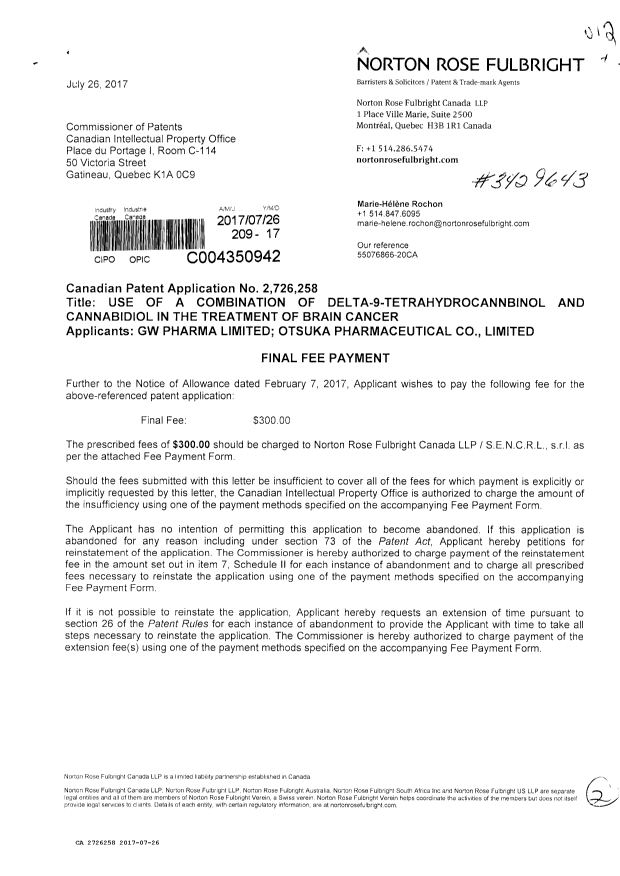 Canadian Patent Document 2726258. Correspondence 20161226. Image 1 of 2