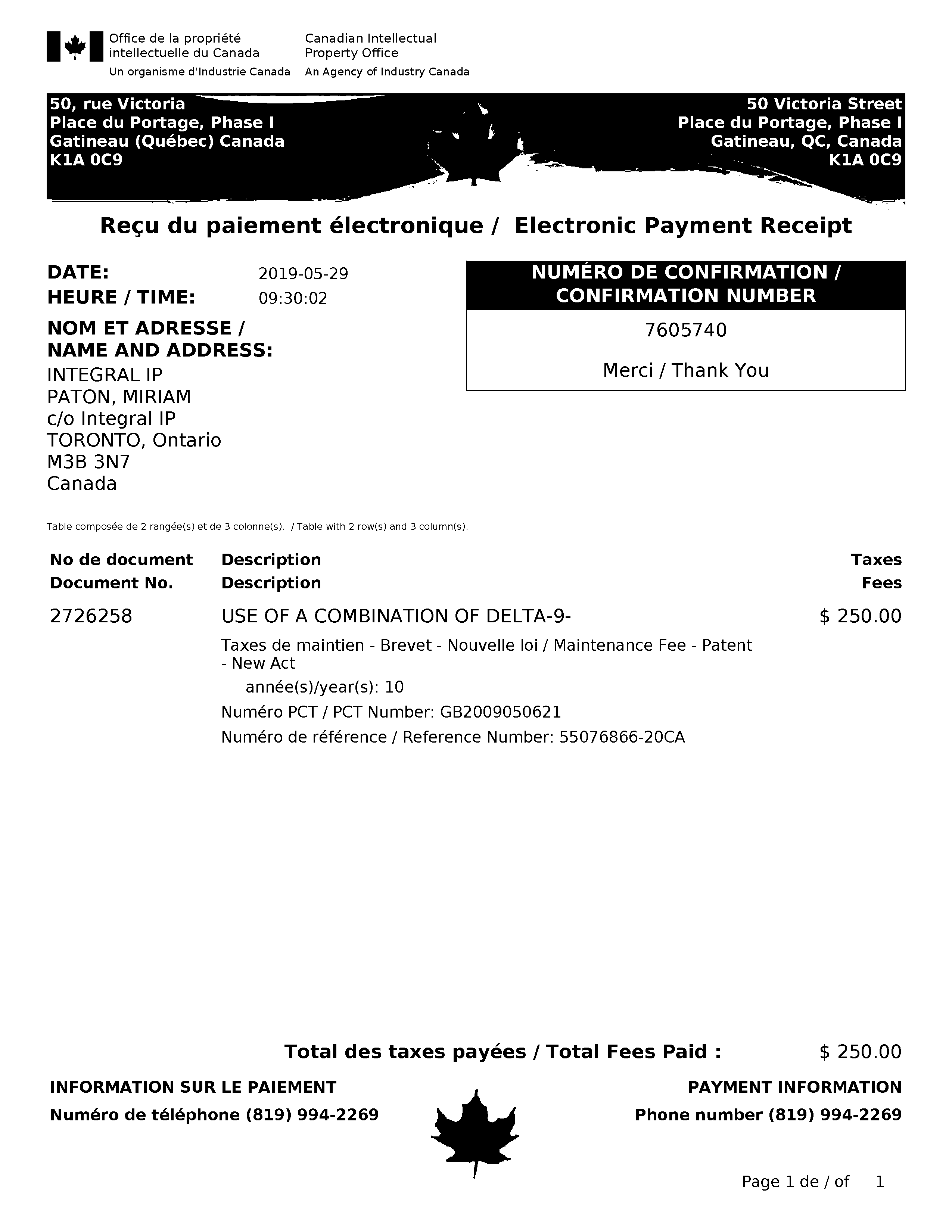 Canadian Patent Document 2726258. Fees 20181229. Image 1 of 1