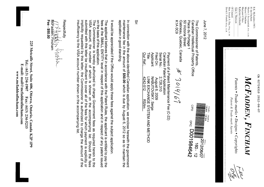 Document de brevet canadien 2726310. Taxes 20111207. Image 1 de 1