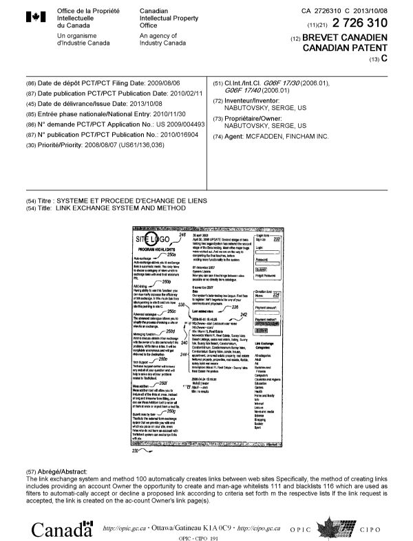 Canadian Patent Document 2726310. Cover Page 20121211. Image 1 of 1